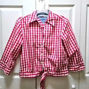 Tommy Hilfiger Women's Checkered Plaid Waist Tie 3/4 Sleeves Country Style Shirt